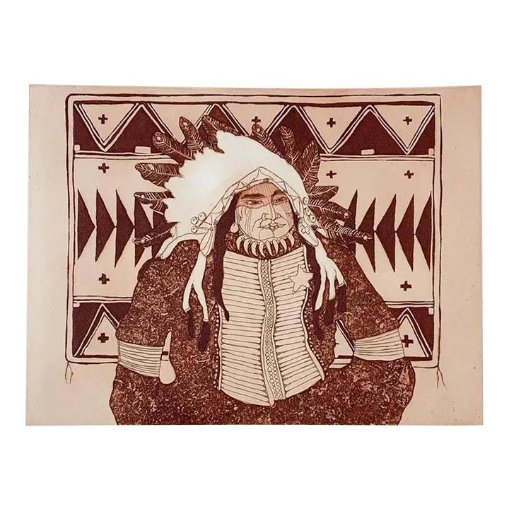1980 Kevin Red Star Native American Crow Res Cop I Sepia Tone Etching: 1980 etching on paper by Kevin Red Star (b. 1943) Montana, Crow tribe, titled Crow Res Cop I. Signed, titled and numbered XIV/XV in pencil along lower margin. Unframed, image size 9" x 11.75", light