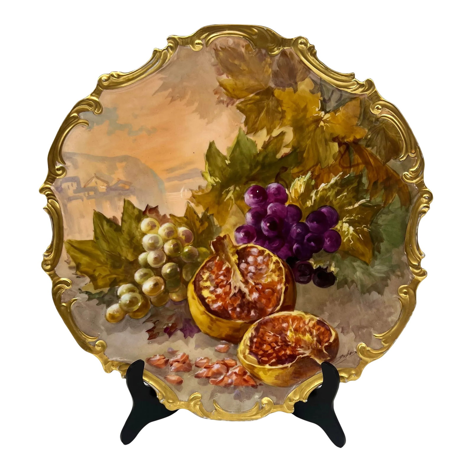 Large Antique Limoges Hand Painted Holy Fruit Porcelain Platter Signed Dubois: A very large Limoges porcelain platter featuring hand painted pomegranates, grapes and foliate to the central body. Surrounded by gilt rococo style edges and marked to verso appropriately. Condition: