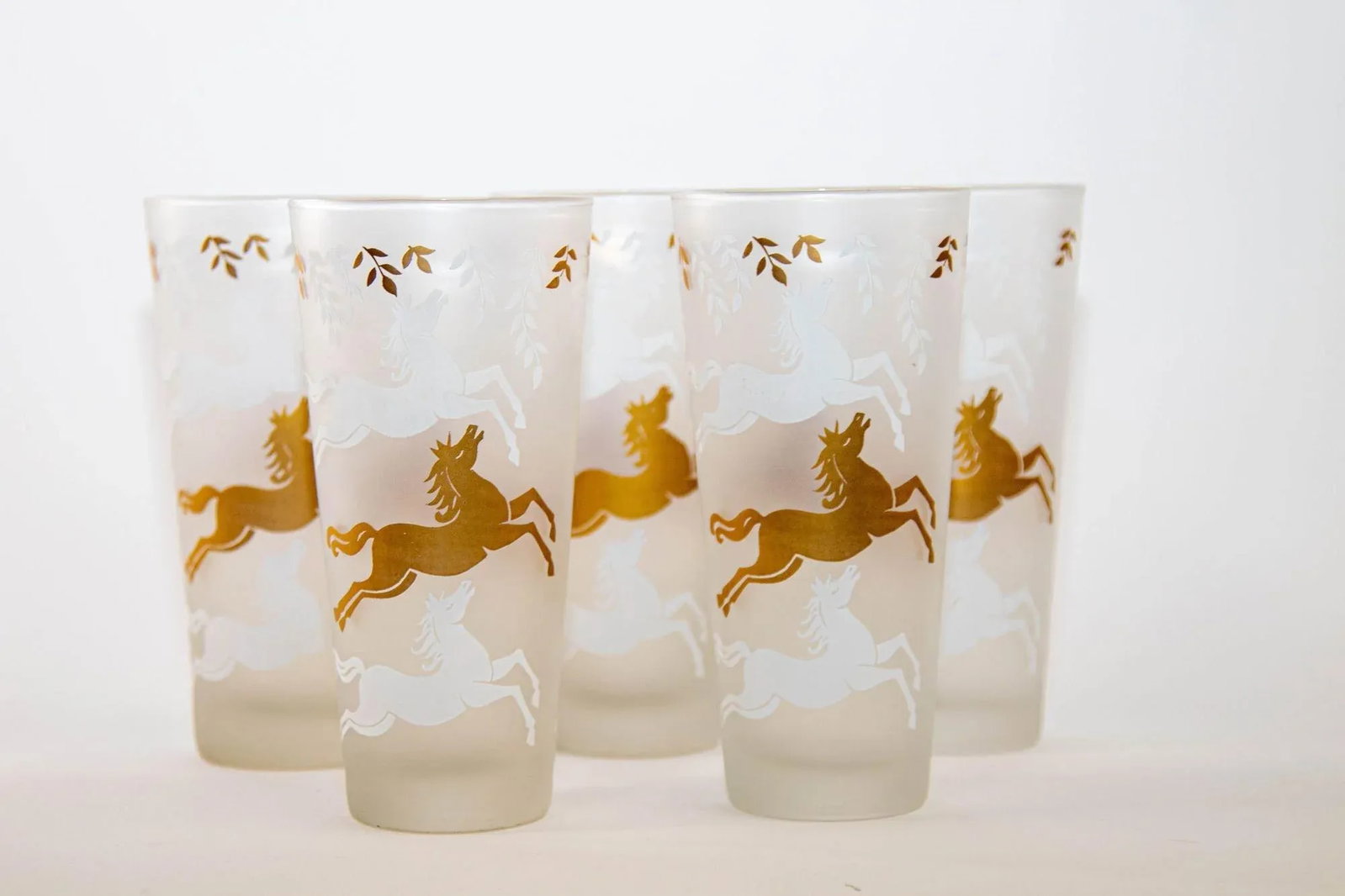 1950 Tumbler Frosted Drink Glasses Cavalcade by Libbey Galloping Horse Set of 5 - 2