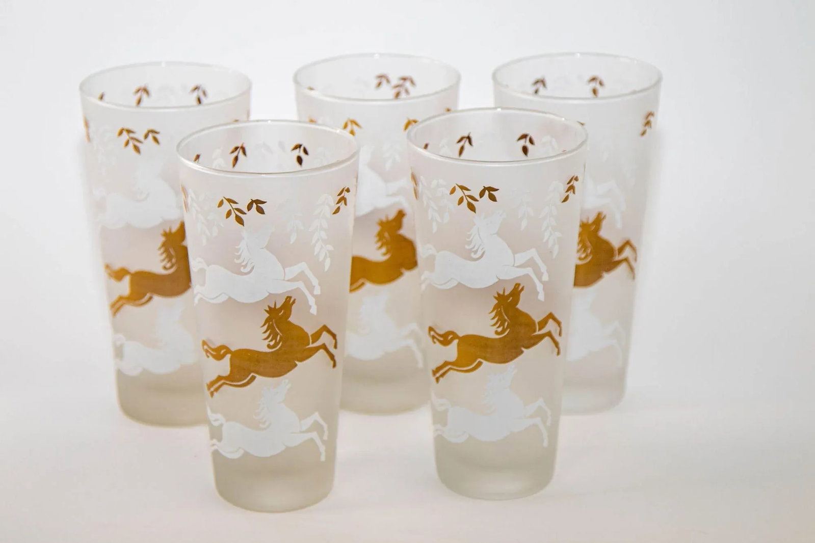 1950 Tumbler Frosted Drink Glasses Cavalcade by Libbey Galloping Horse Set of 5 - 3
