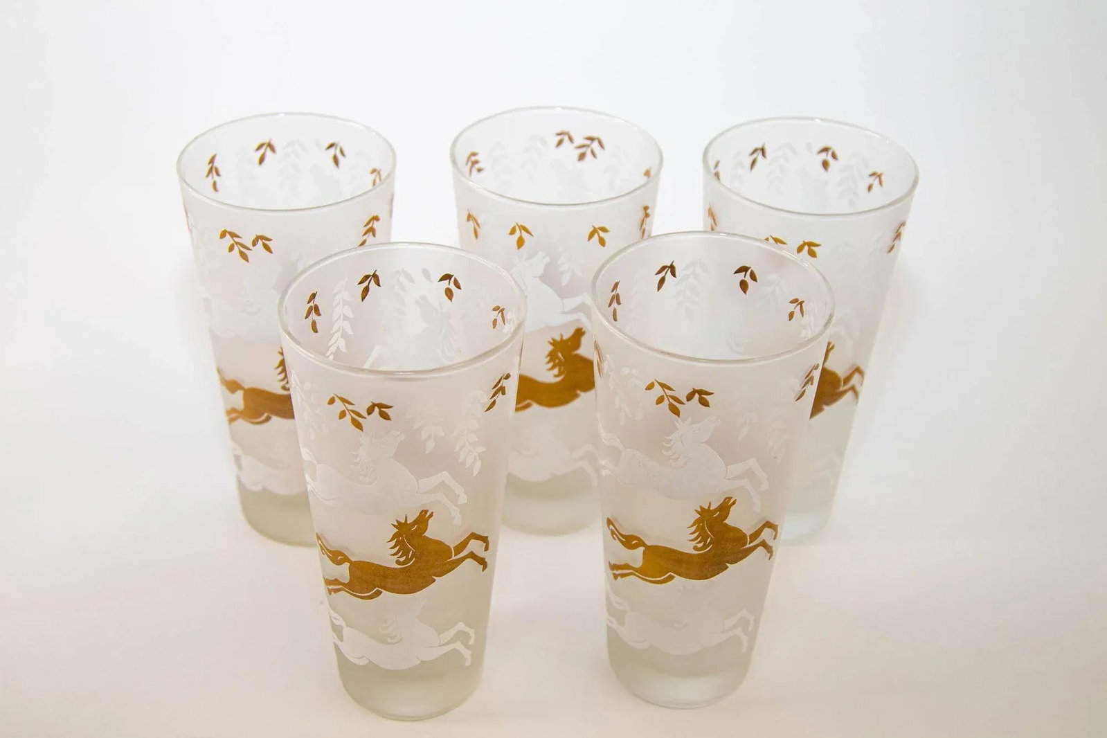 1950 Tumbler Frosted Drink Glasses Cavalcade by Libbey Galloping Horse Set of 5 - 4