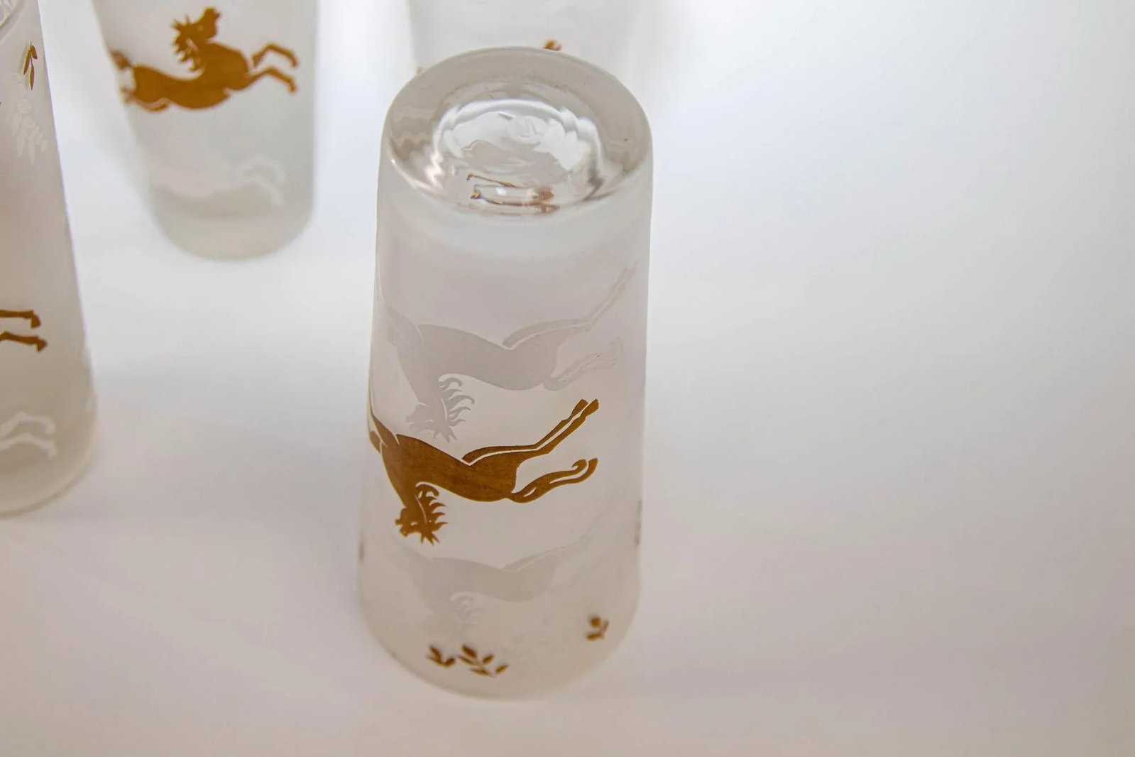 1950 Tumbler Frosted Drink Glasses Cavalcade by Libbey Galloping Horse Set of 5 - 5