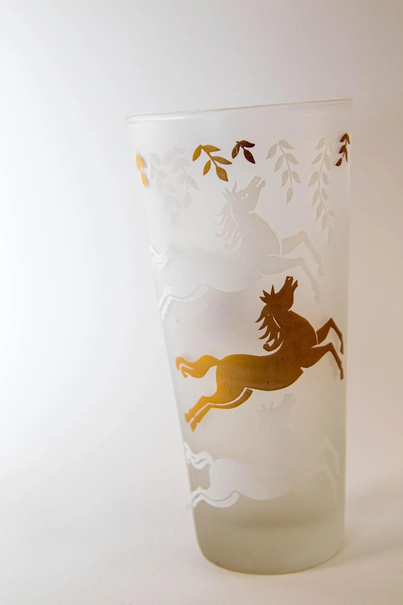 1950 Tumbler Frosted Drink Glasses Cavalcade by Libbey Galloping Horse Set of 5 - 6