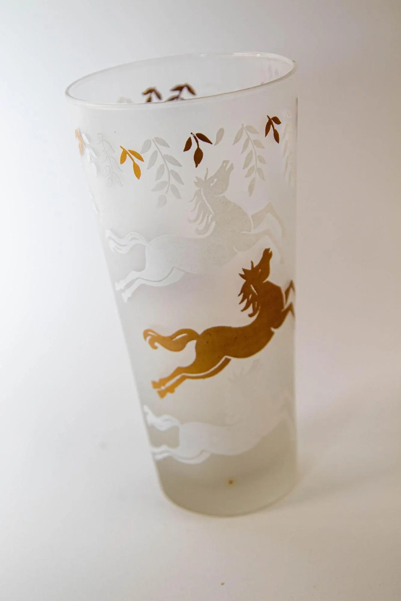 1950 Tumbler Frosted Drink Glasses Cavalcade by Libbey Galloping Horse Set of 5 - 9