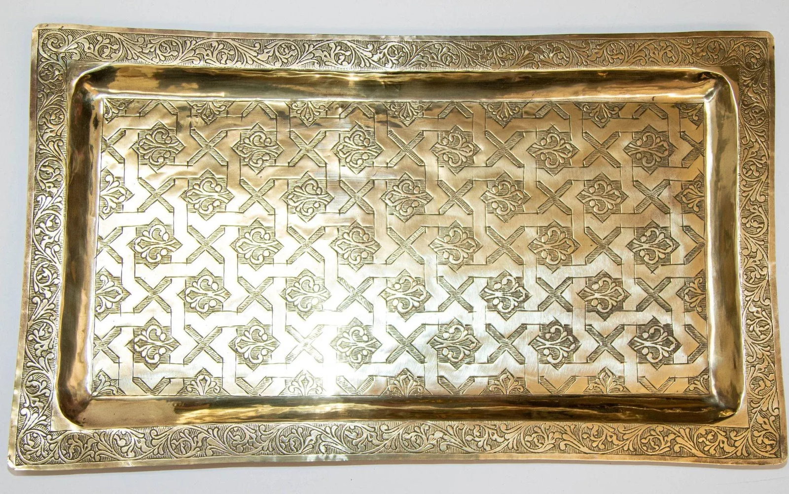 1940s Moroccan Brass Tray Rectangular Shape Polished Gold Brass Serving Platter - 2