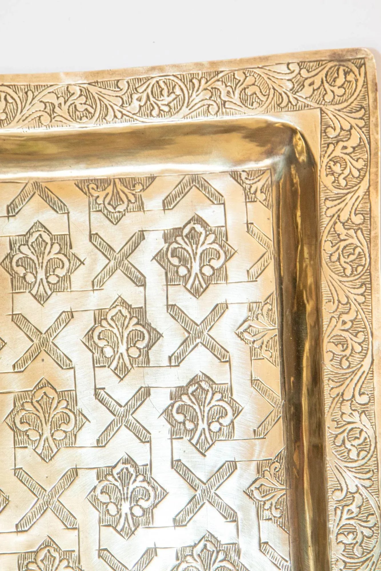 1940s Moroccan Brass Tray Rectangular Shape Polished Gold Brass Serving Platter - 6