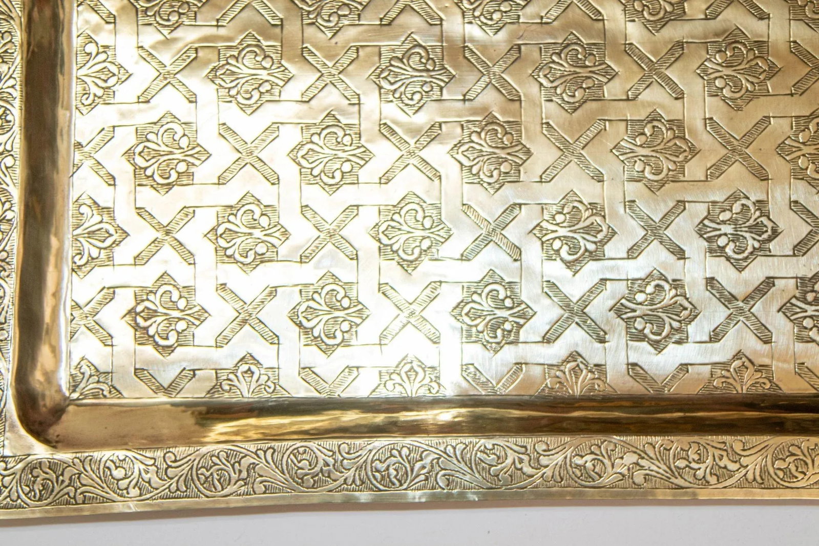 1940s Moroccan Brass Tray Rectangular Shape Polished Gold Brass Serving Platter - 7