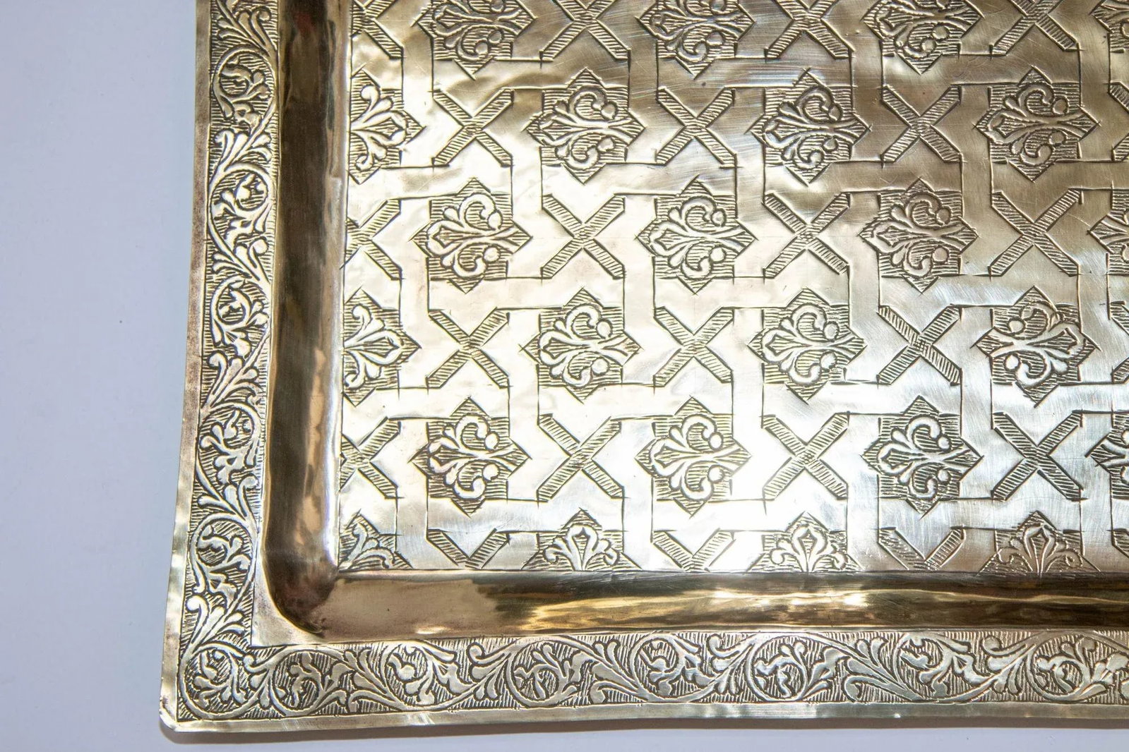 1940s Moroccan Brass Tray Rectangular Shape Polished Gold Brass Serving Platter - 8