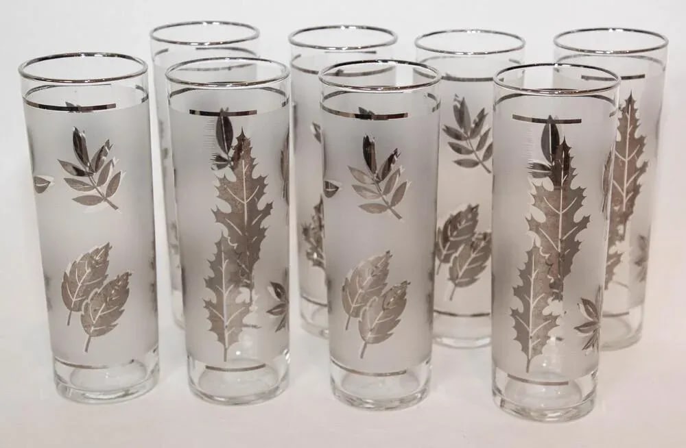 1950s Silver Foliage Highball Cocktail Glasses by Libbey Glass Co Set of 8 - 13