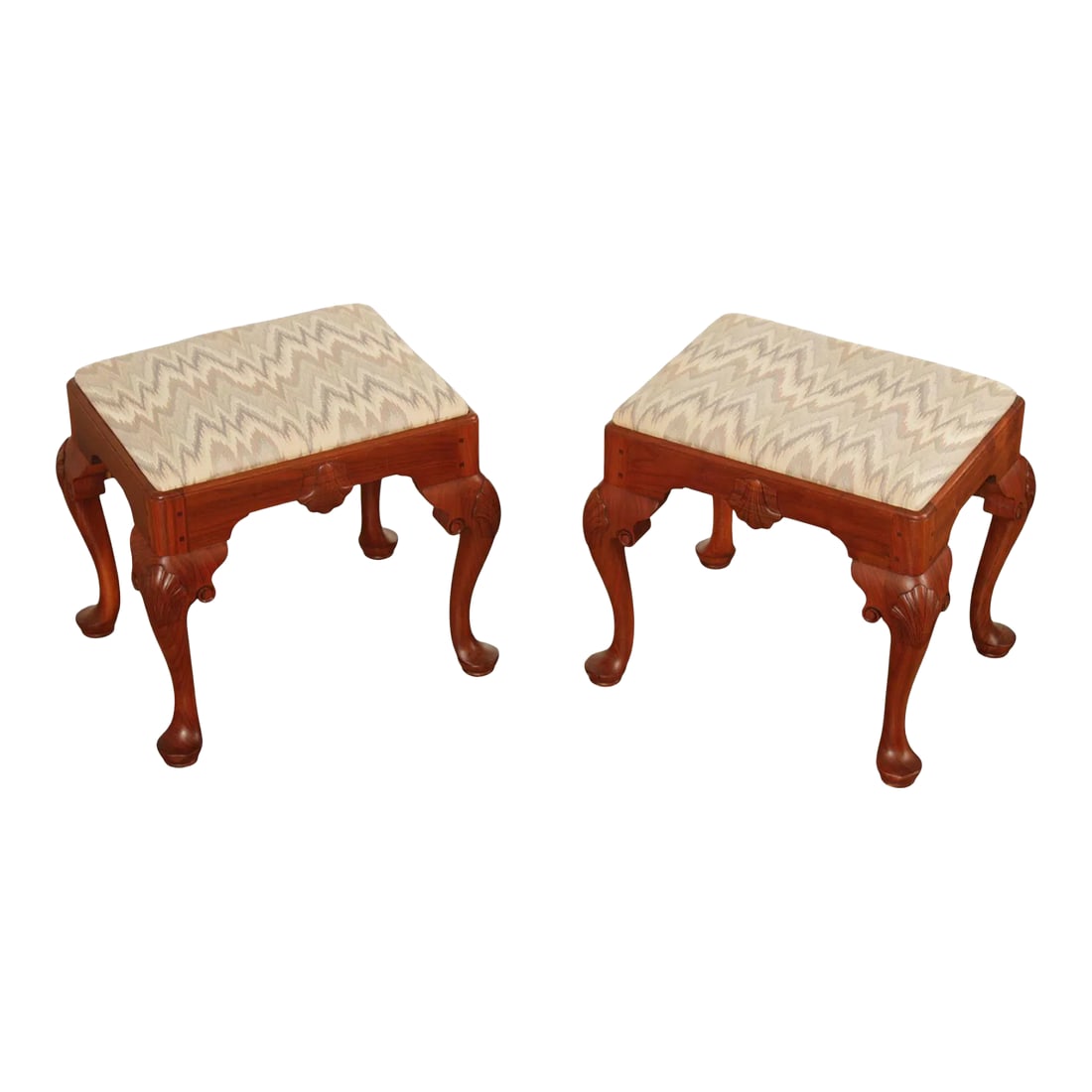 Custom Crafted Queen Anne Style Carved Walnut Stools - A Pair (1 of 12)