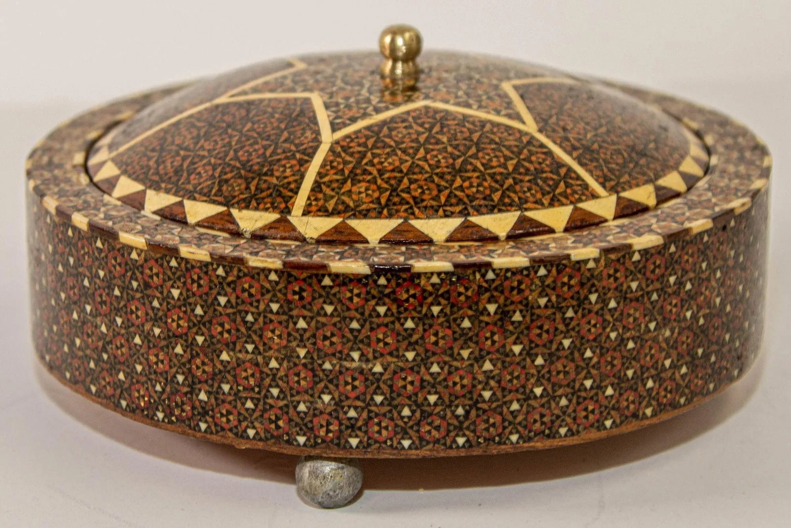 Persian Box Khatam Kari Footed Wooden Round Jewelry Vanity Trinket Moorish Box - 3
