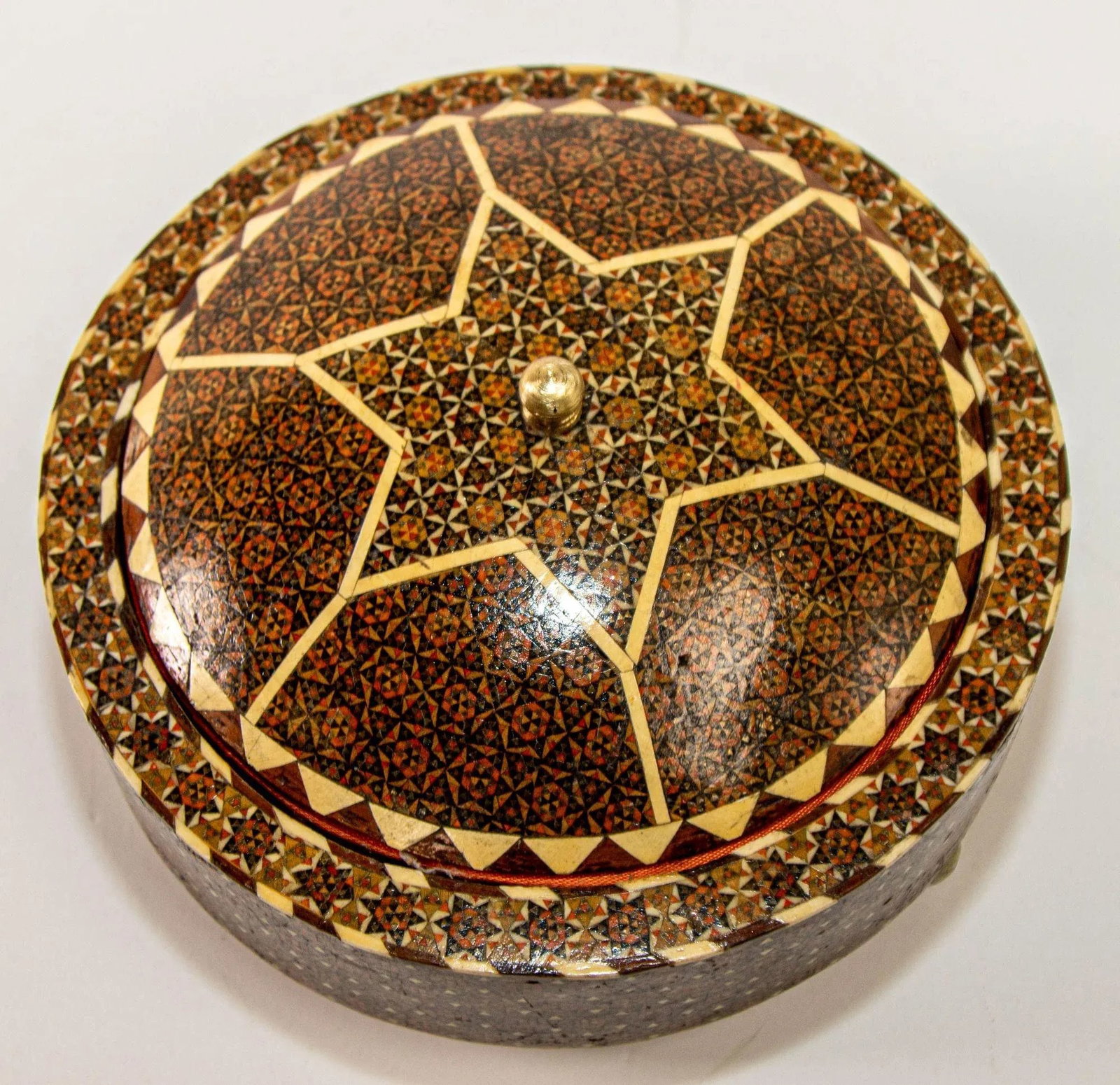 Persian Box Khatam Kari Footed Wooden Round Jewelry Vanity Trinket Moorish Box - 4