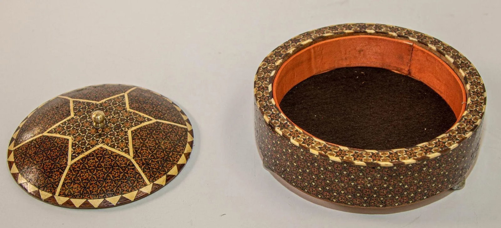 Persian Box Khatam Kari Footed Wooden Round Jewelry Vanity Trinket Moorish Box - 5