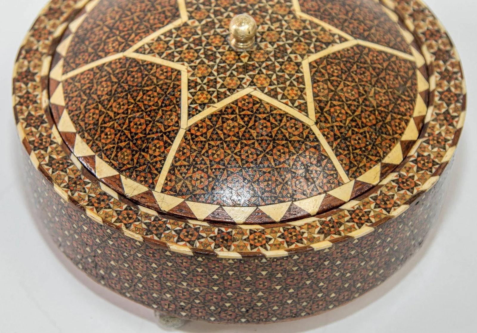 Persian Box Khatam Kari Footed Wooden Round Jewelry Vanity Trinket Moorish Box - 7