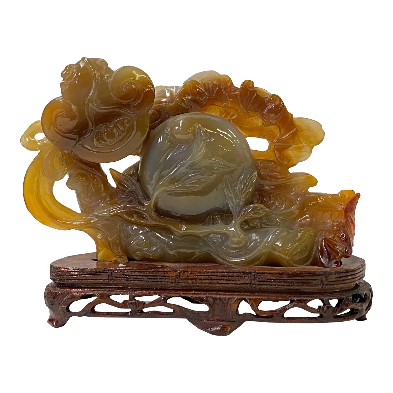 Chinese Hand Carved Agate Stone Peach RuYi Cloud Scroll Display Art (1 of 7)