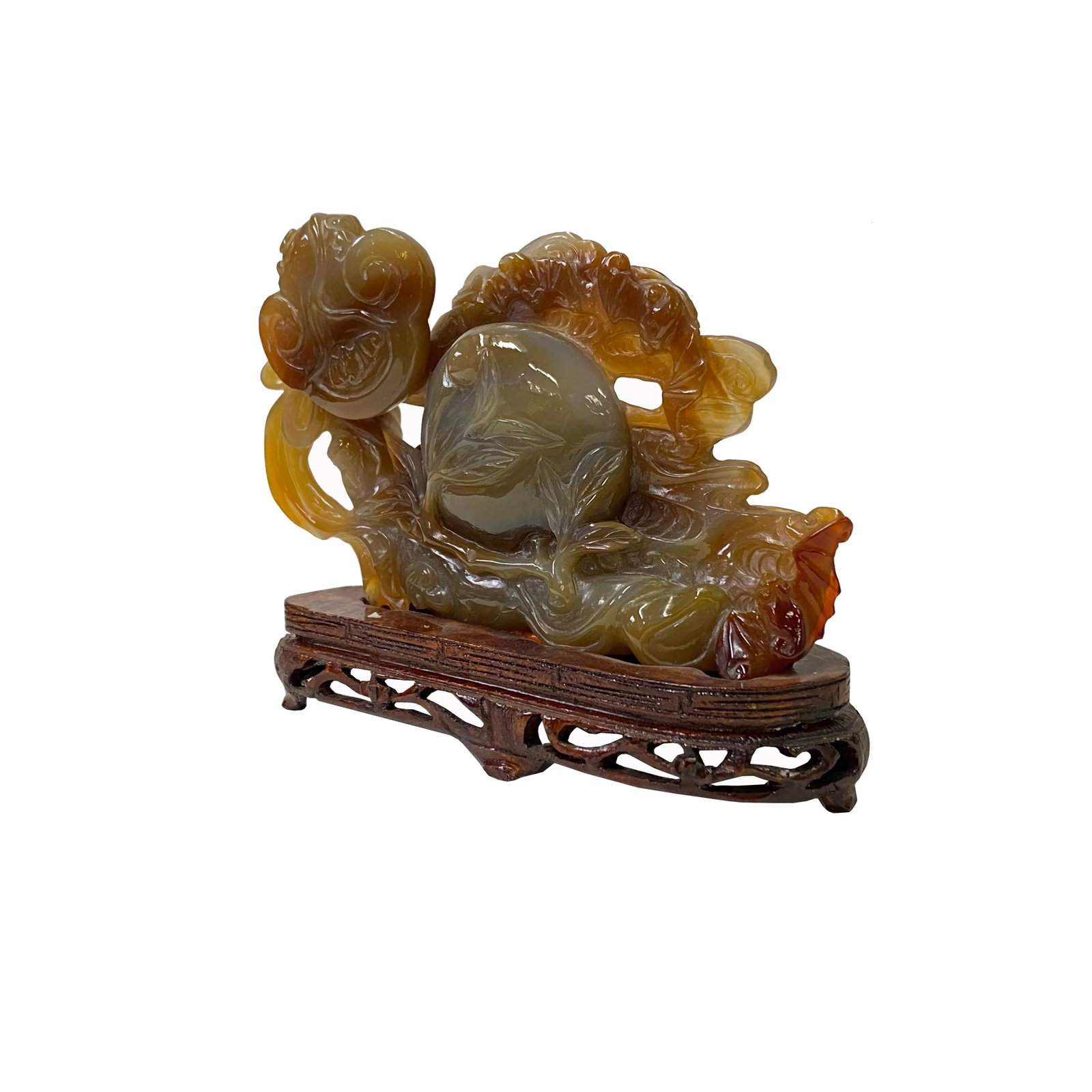 Chinese Hand Carved Agate Stone Peach RuYi Cloud Scroll Display Art - 2