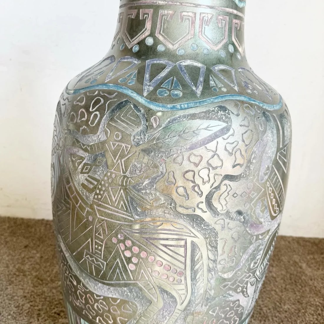 Postmodern Hand Painted and Carved Large Floor Vase - 4
