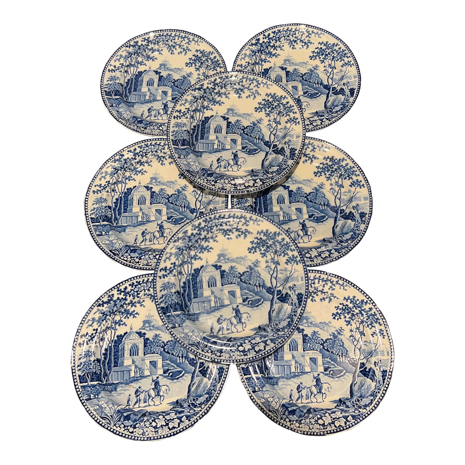 Set of 8, John Rogers Staffordshire "Musketeers" Pattern Dinner Plates C. 1820 (1 of 6)