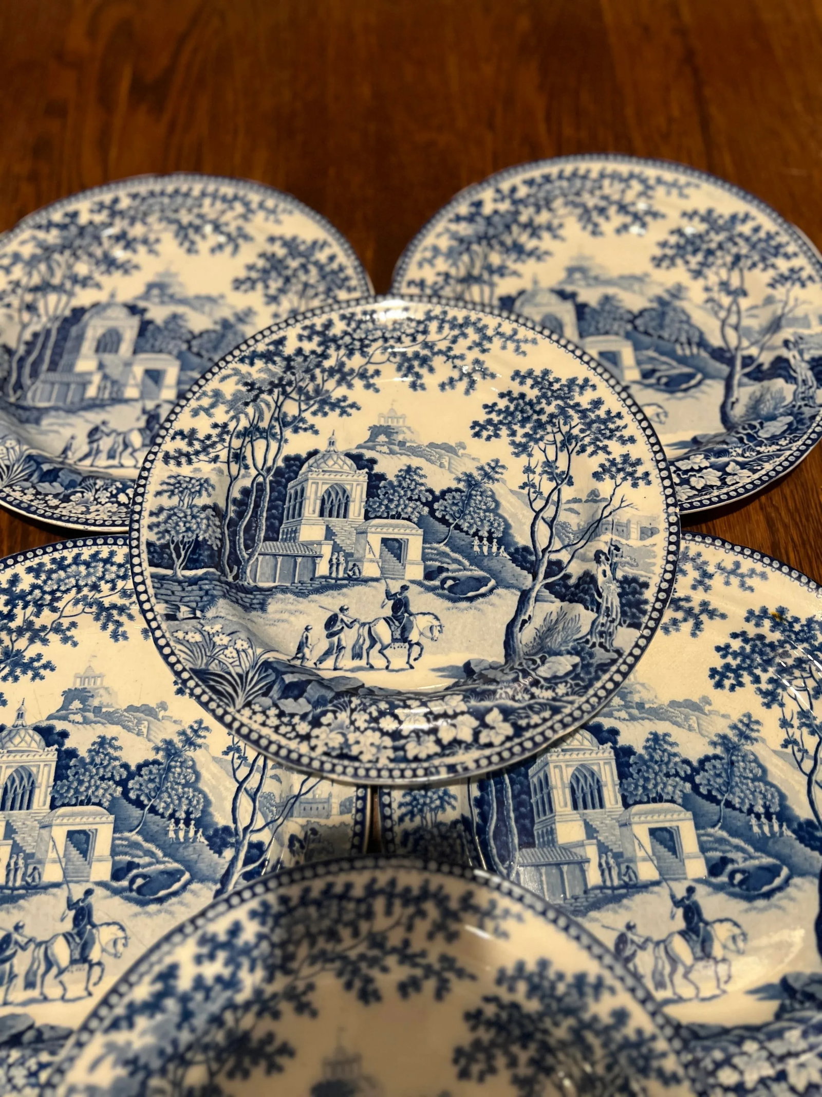 Set of 8, John Rogers Staffordshire "Musketeers" Pattern Dinner Plates C. 1820 - 2