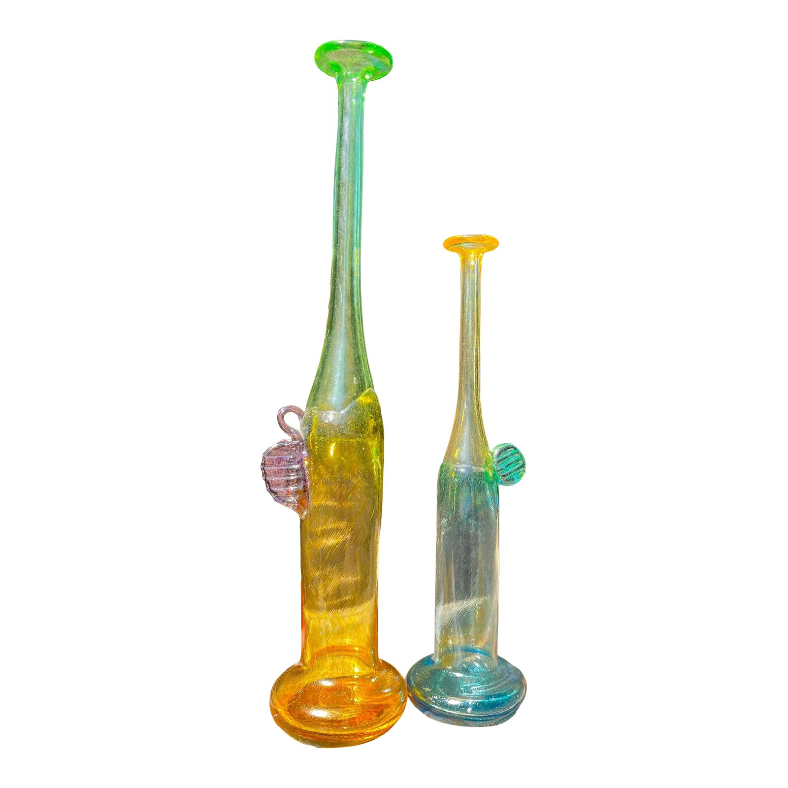 Set of Two Mid 20th Century Wind Pipes Series Bud Vases by Bertil Vallien for Kosta Boda: The Wind Pipes series was designed by Bertil Vallien for Kosta Boda. Vases have a protracted shape with strong and vibrant colors. Unsigned. Tall vase 17" x 3" Shorter vase 12.75 x 2.5 From the