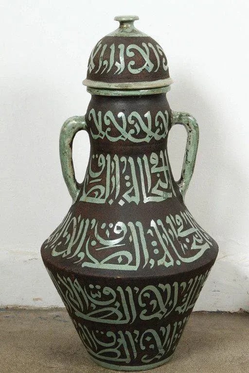 Moroccan Green and Brown Chiselled Ceramic Urns With Handles - a Pair - 2