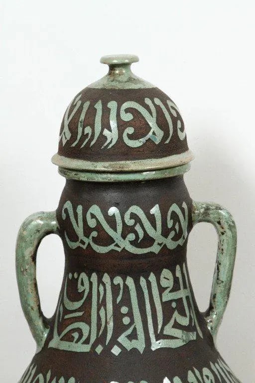 Moroccan Green and Brown Chiselled Ceramic Urns With Handles - a Pair - 3