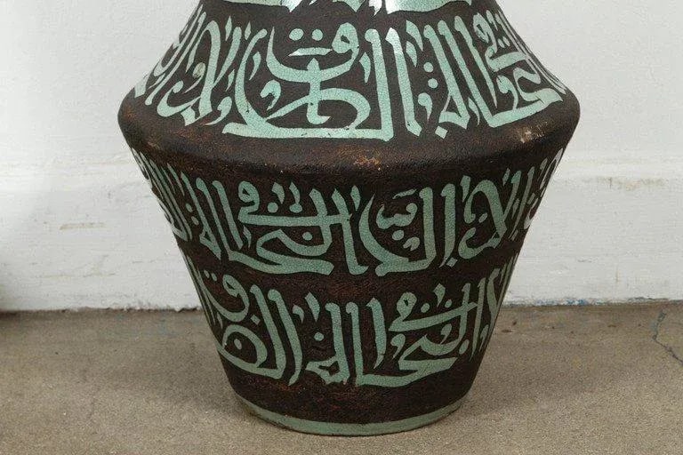 Moroccan Green and Brown Chiselled Ceramic Urns With Handles - a Pair - 4