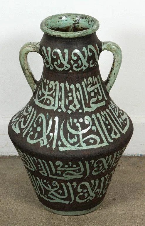 Moroccan Green and Brown Chiselled Ceramic Urns With Handles - a Pair - 6