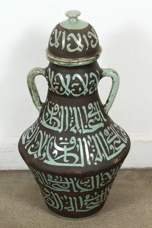 Moroccan Green and Brown Chiselled Ceramic Urns With Handles - a Pair - 8