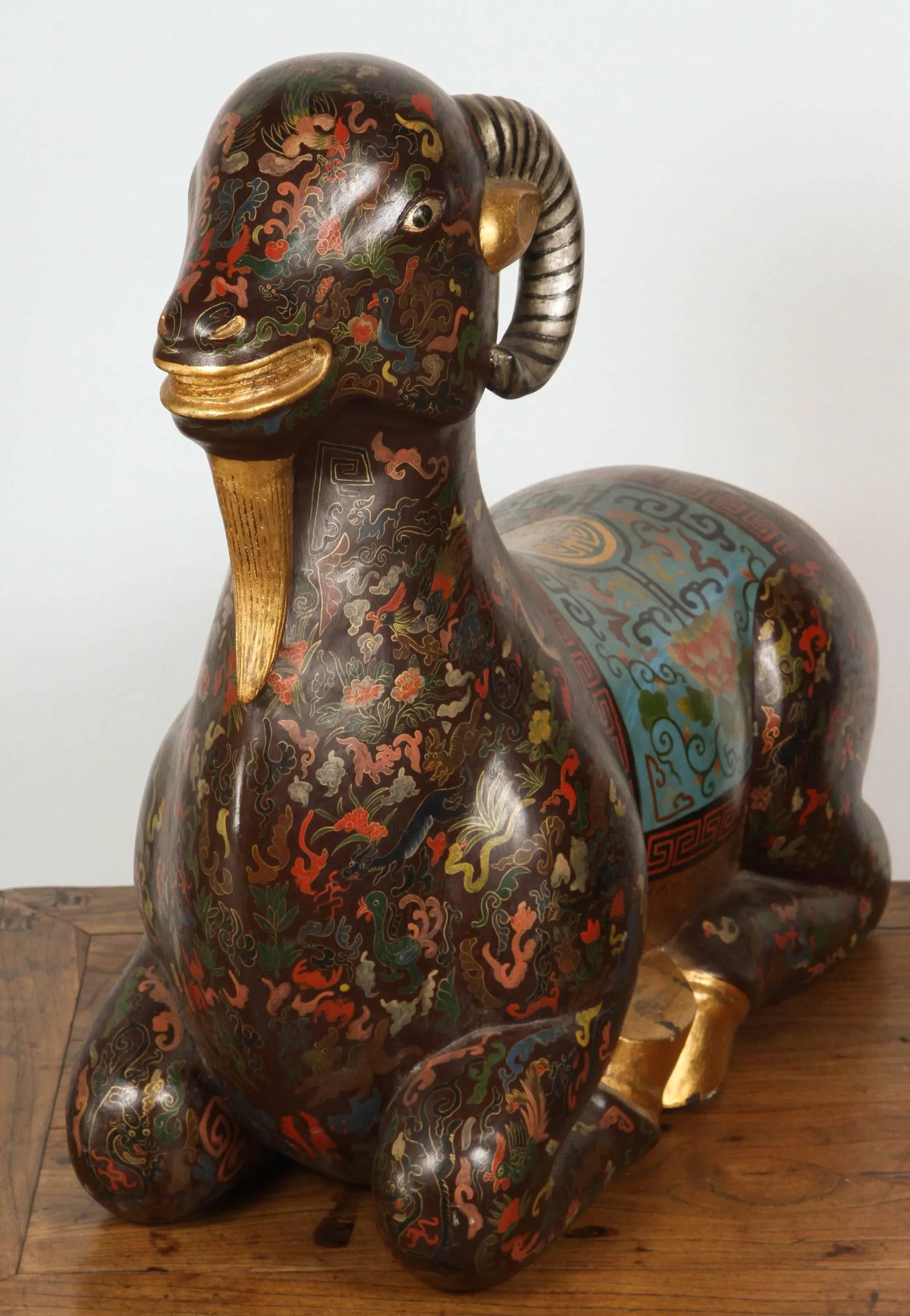 Asian Wood Hand-Painted Figure of a Recumbent Ram - 4