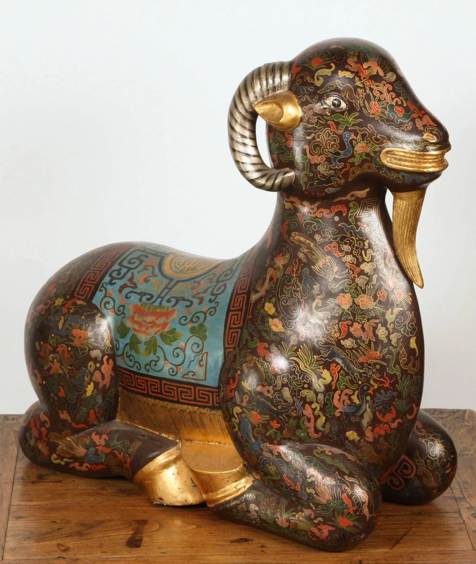 Asian Wood Hand-Painted Figure of a Recumbent Ram - 5