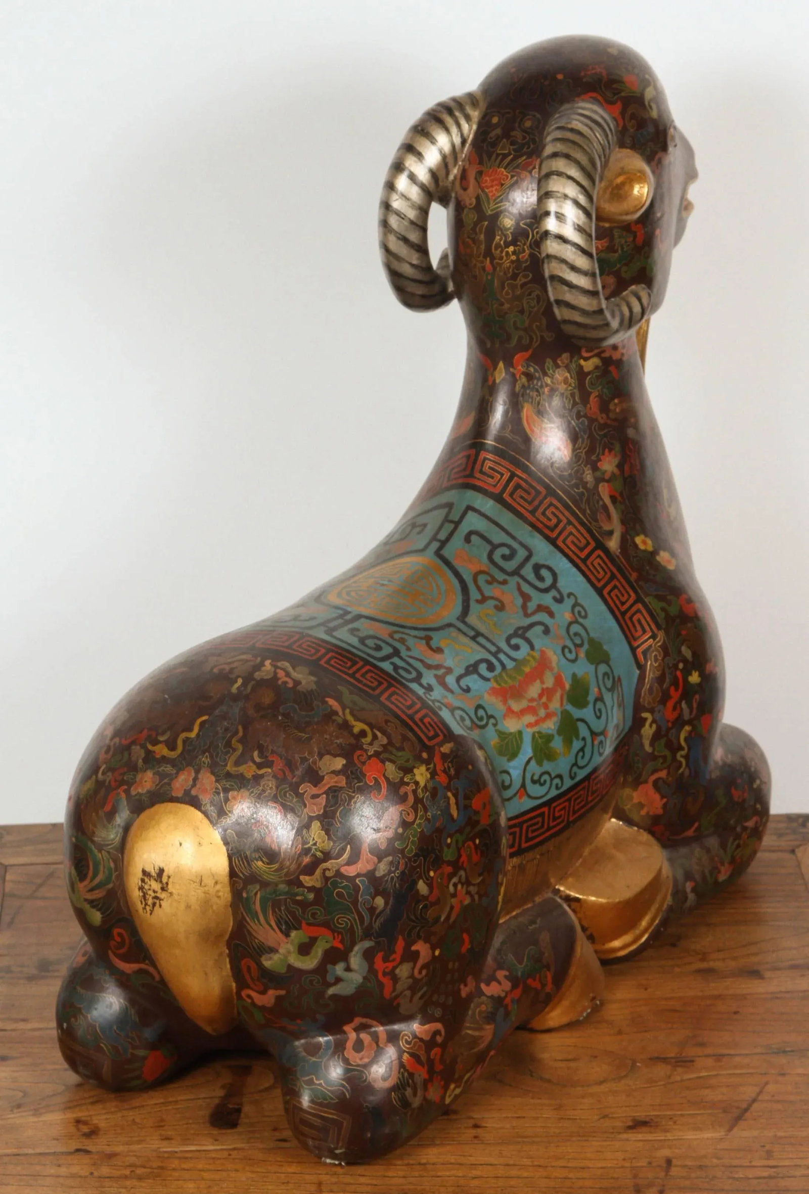 Asian Wood Hand-Painted Figure of a Recumbent Ram - 6