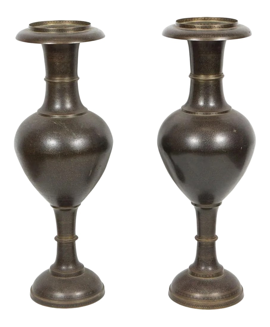 Kashmiri Indo-Persian Lacquered Copper Vases - a Pair: Exceptionally large pair of Kashimiri Indo-Persian lacquered copper vases. The hand hammered designs is so fine that you need to get very close to see all the details. Very intricate floral design