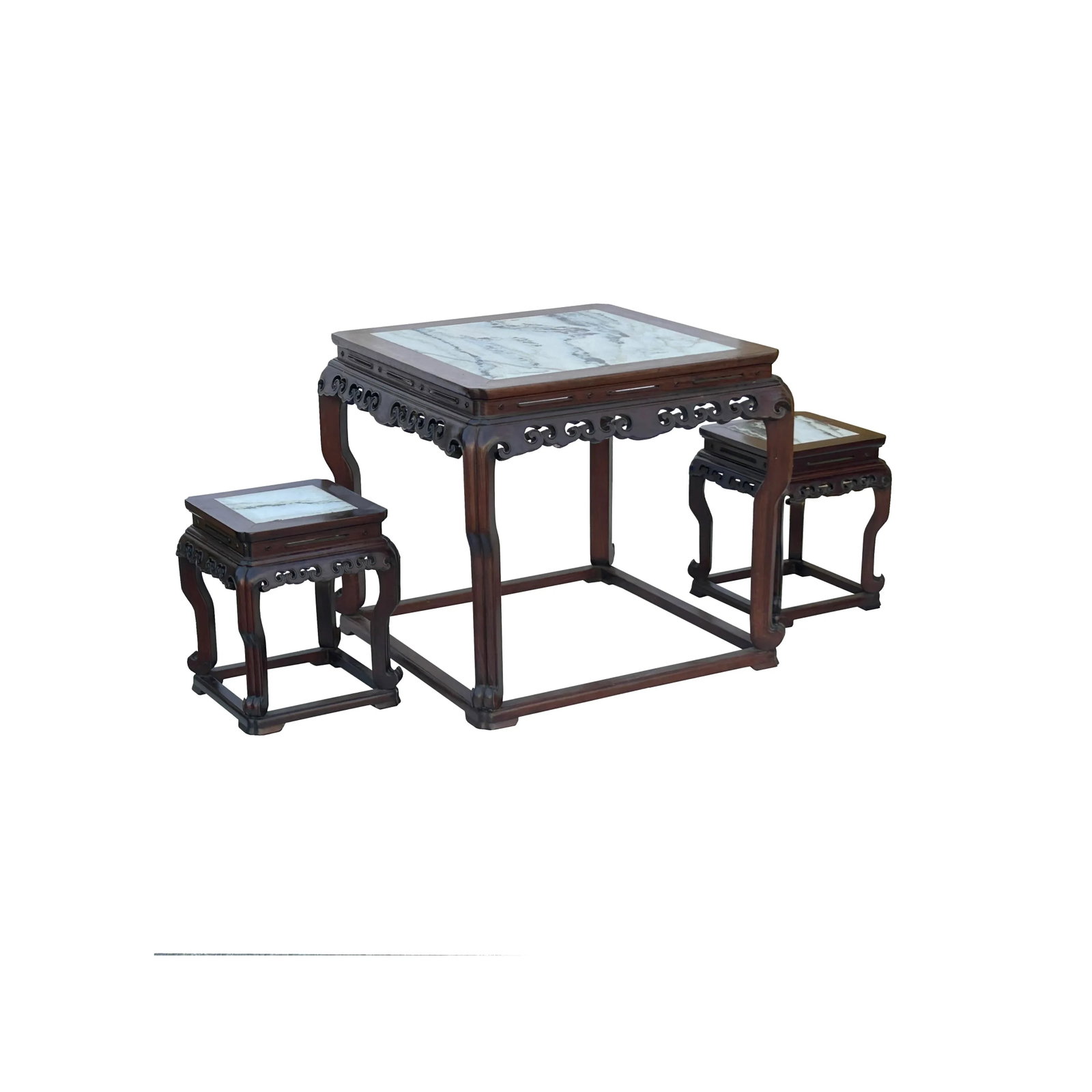 Vintage Chinese Square Marble Top 2 Stools Tea Table Set - 2