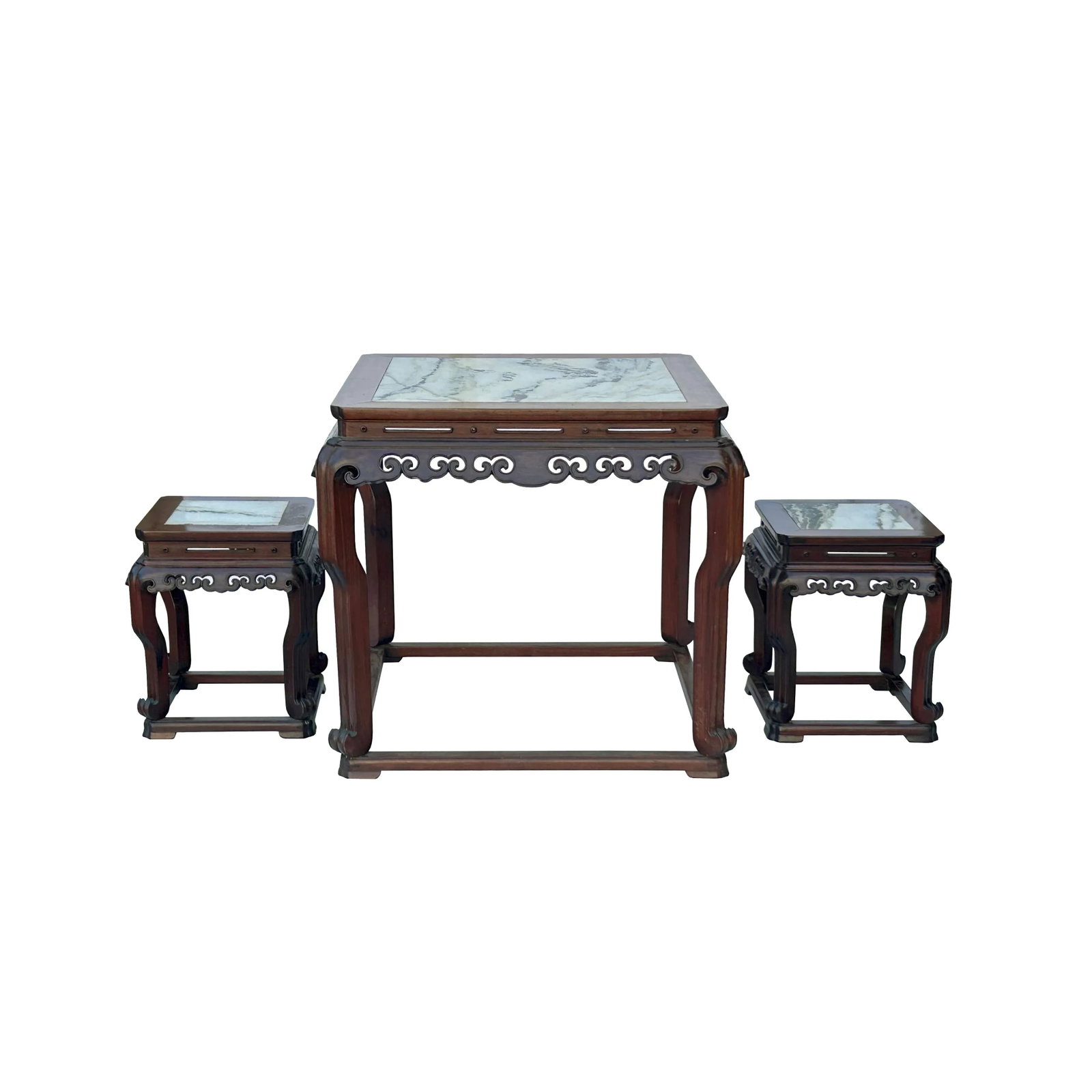 Vintage Chinese Square Marble Top 2 Stools Tea Table Set - 5