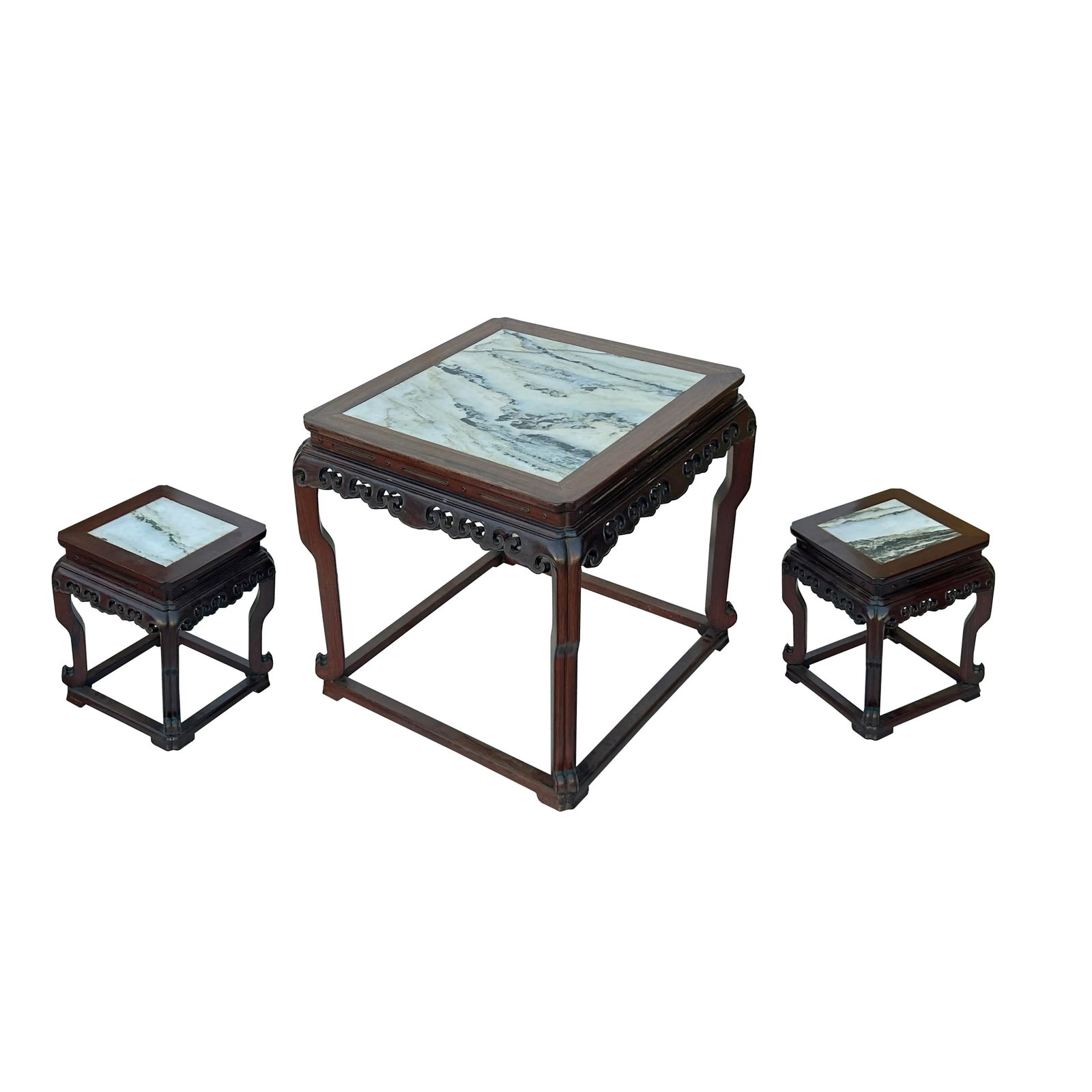 Vintage Chinese Square Marble Top 2 Stools Tea Table Set - 7