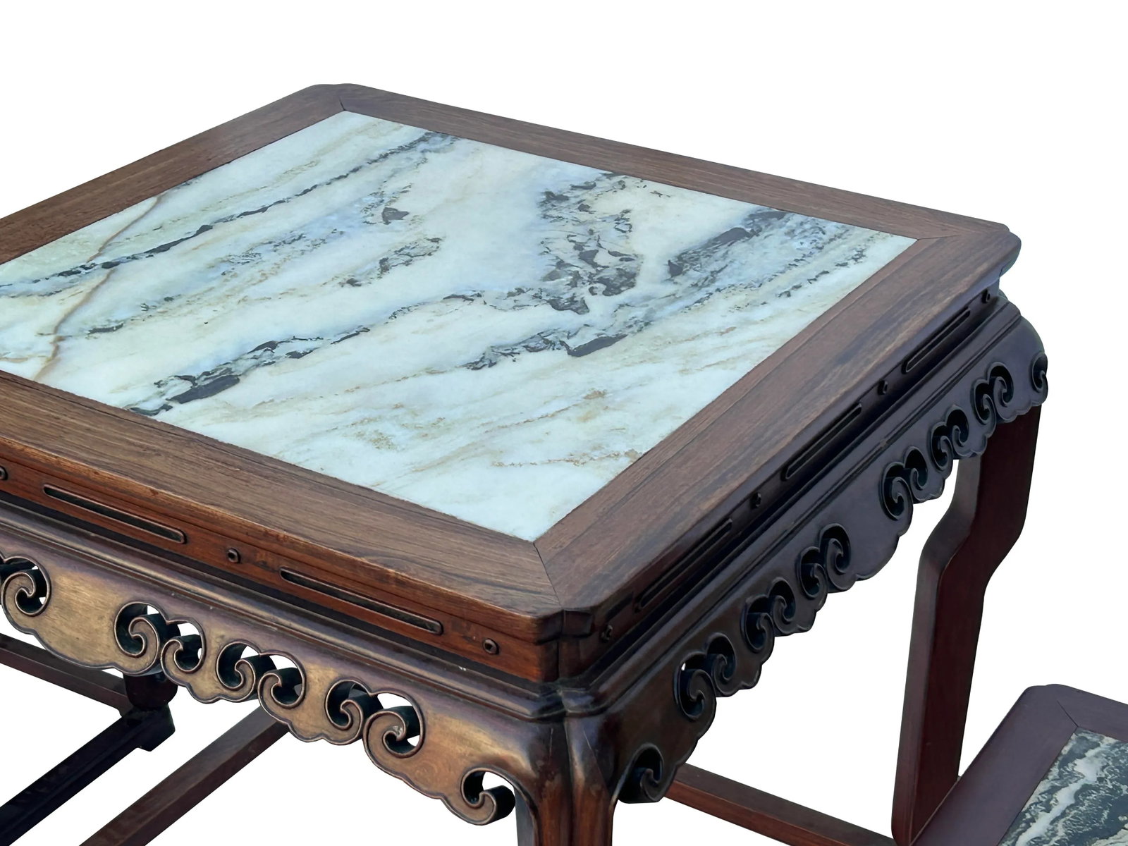 Vintage Chinese Square Marble Top 2 Stools Tea Table Set - 8