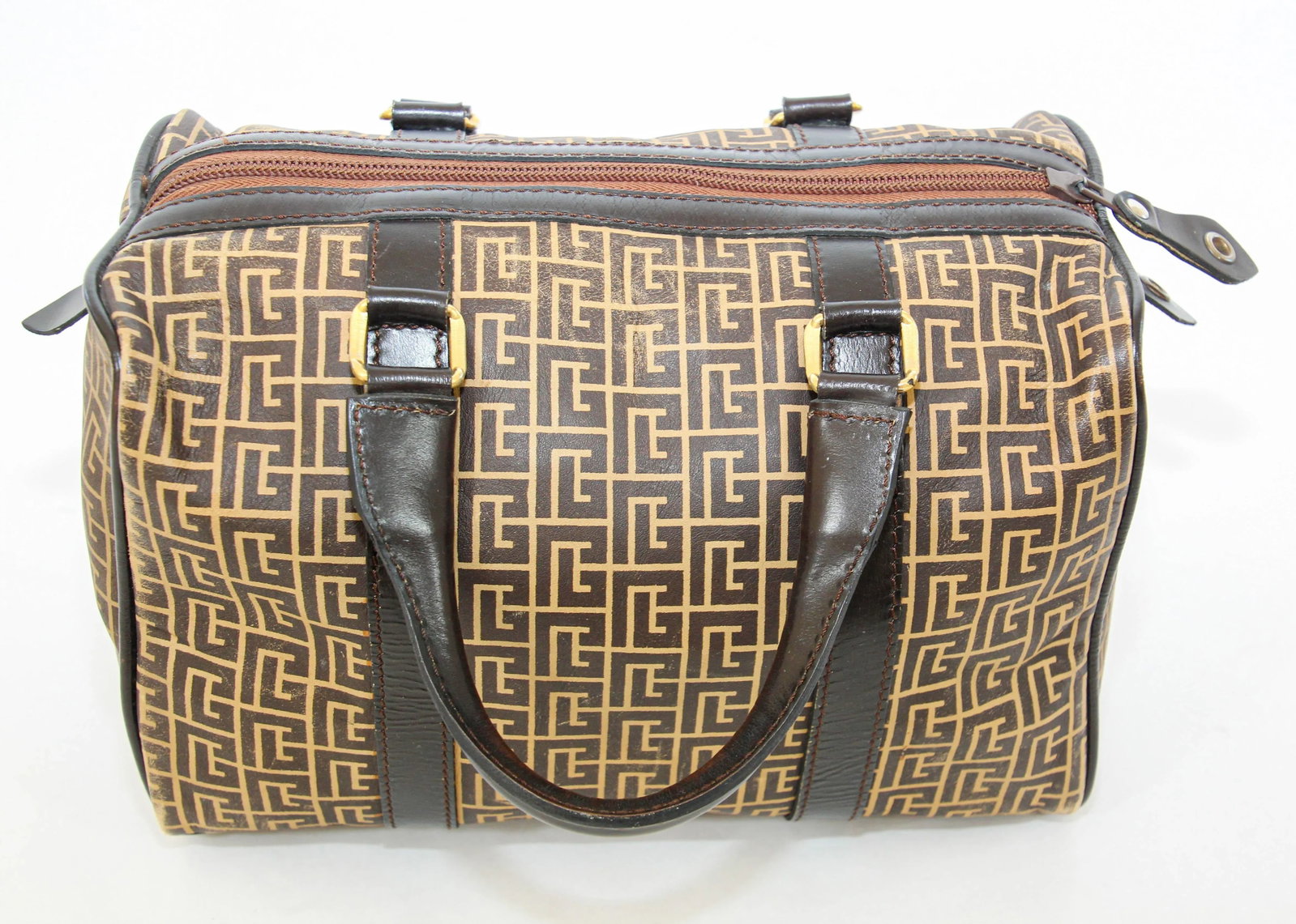 Pierre Balmain Paris Brown Leather & Coated Canvas Geometric Tote Zip Top 1970s - 2