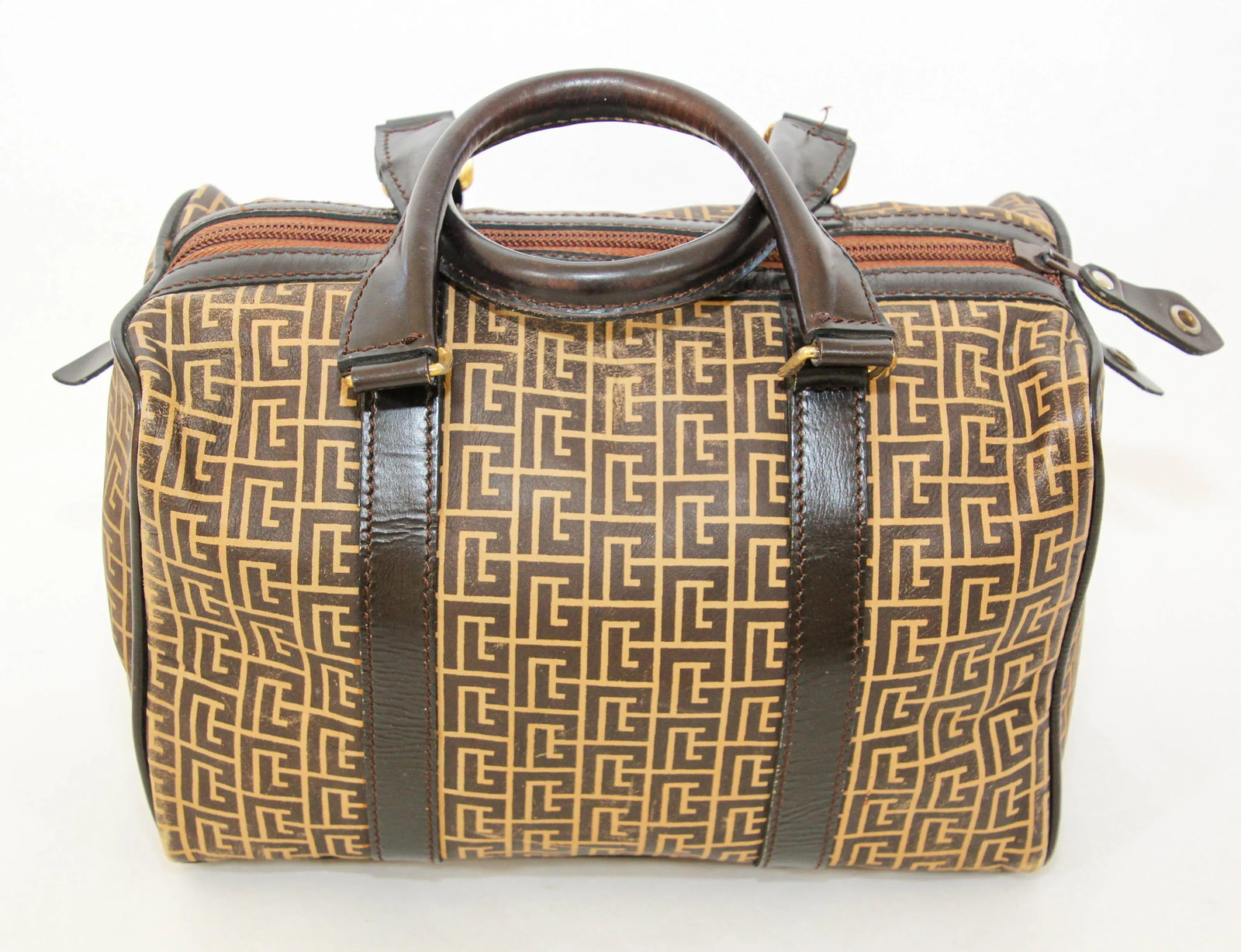 Pierre Balmain Paris Brown Leather & Coated Canvas Geometric Tote Zip Top 1970s - 6
