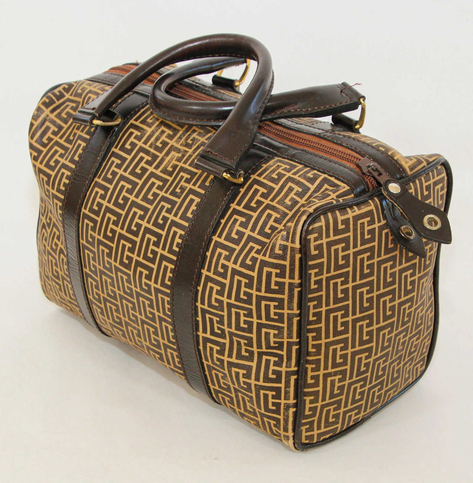 Pierre Balmain Paris Brown Leather & Coated Canvas Geometric Tote Zip Top 1970s - 7