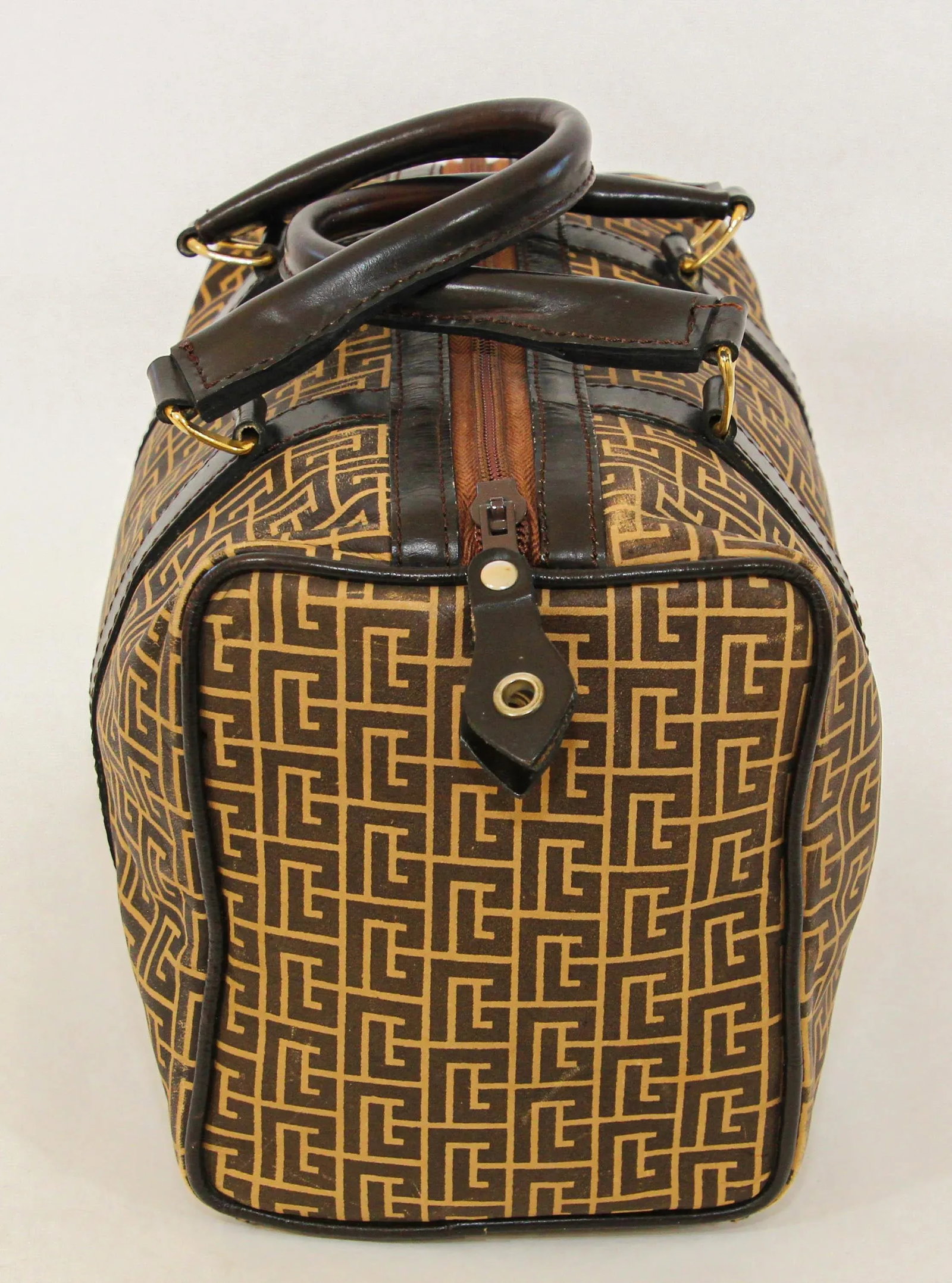 Pierre Balmain Paris Brown Leather & Coated Canvas Geometric Tote Zip Top 1970s - 8