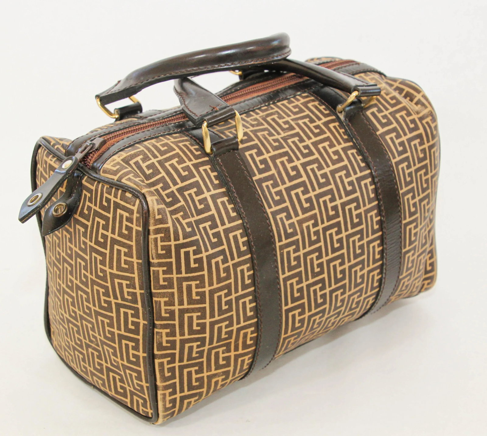 Pierre Balmain Paris Brown Leather & Coated Canvas Geometric Tote Zip Top 1970s - 9