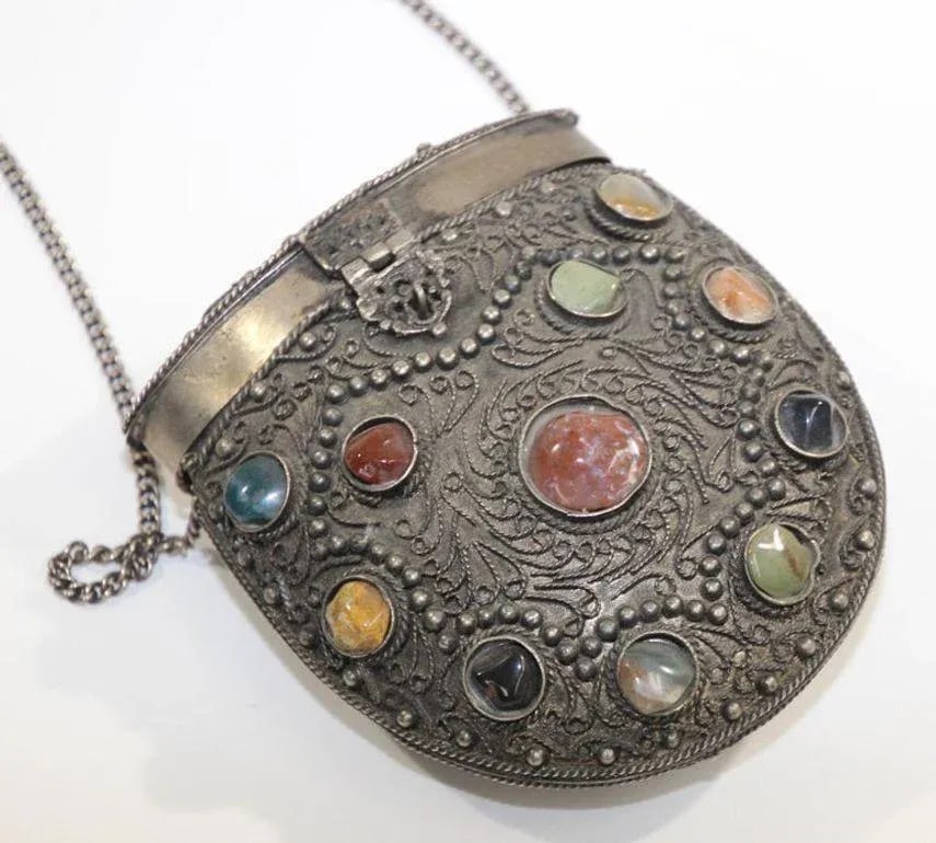 Vintage Sajai Metal and Agate Scroll Box Coin Purse, Handmade in India - 2