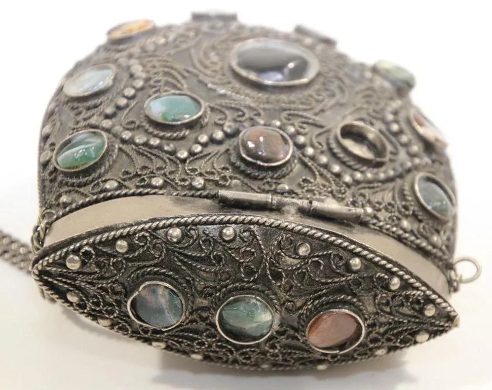 Vintage Sajai Metal and Agate Scroll Box Coin Purse, Handmade in India - 7