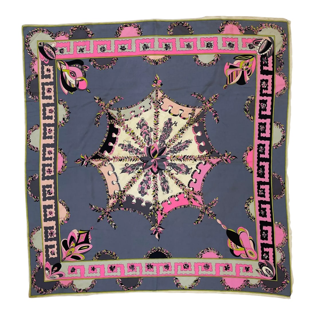 Vintage Pucci Silk Scarf in Pink and Blue Circa 1970: 1970's Pucci Silk chiffon scarf in geometric blues and pinks. Made in Italy 100% silk. Dimensions: 35" x 35"square. This stunning vintage Italian Emilio Pucci silk scarf is a beautiful and colorful ab