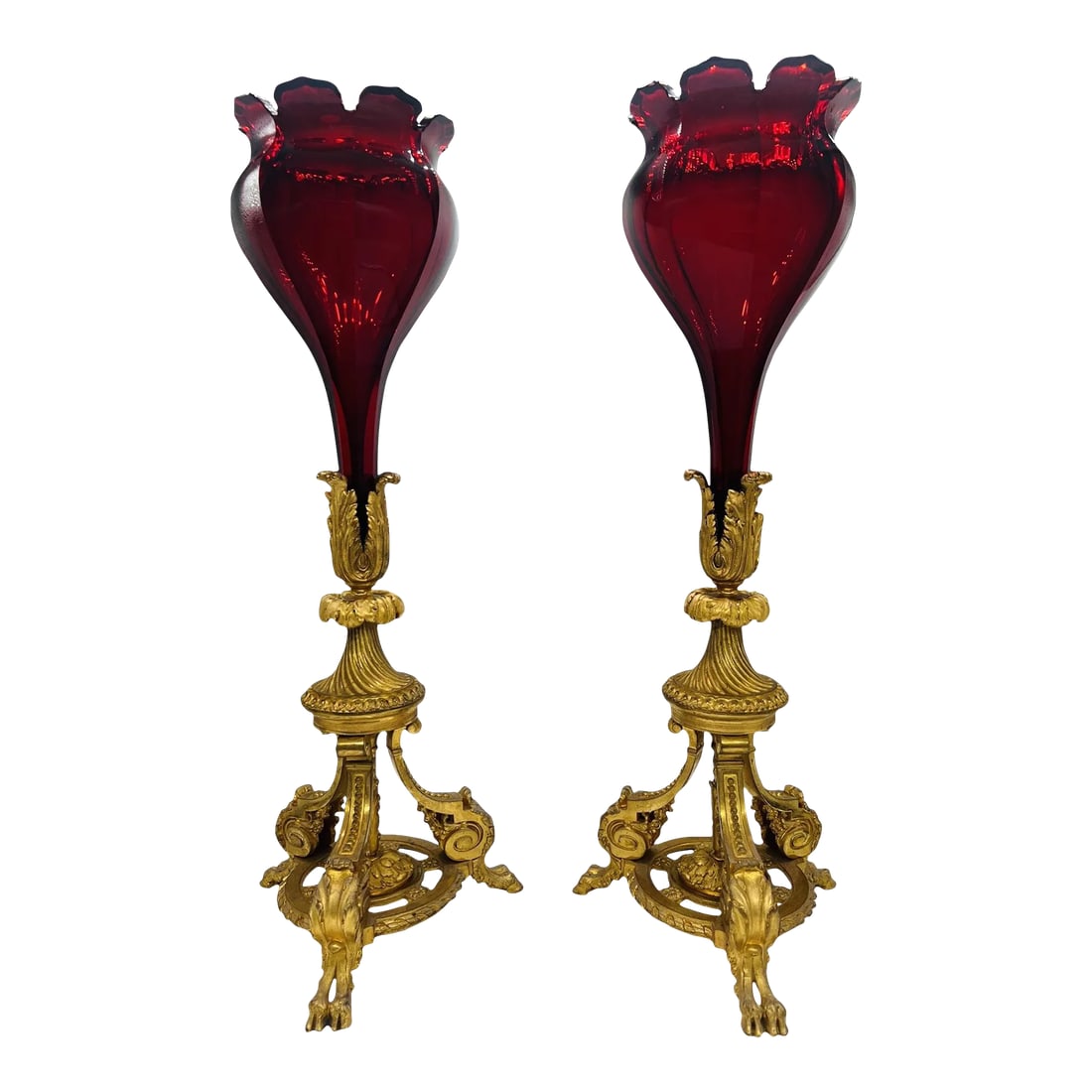 Exceptional - Baccarat Ruby Red Glass & Bronze Ormolu Neoclassical Trumpet Vases: Baccarat (French, founded 1764), circa mid to late 19th century. This pair of magnificent and highly unusual glass and bronze ormolu trumpet vases are almost certainly created by the renowned French