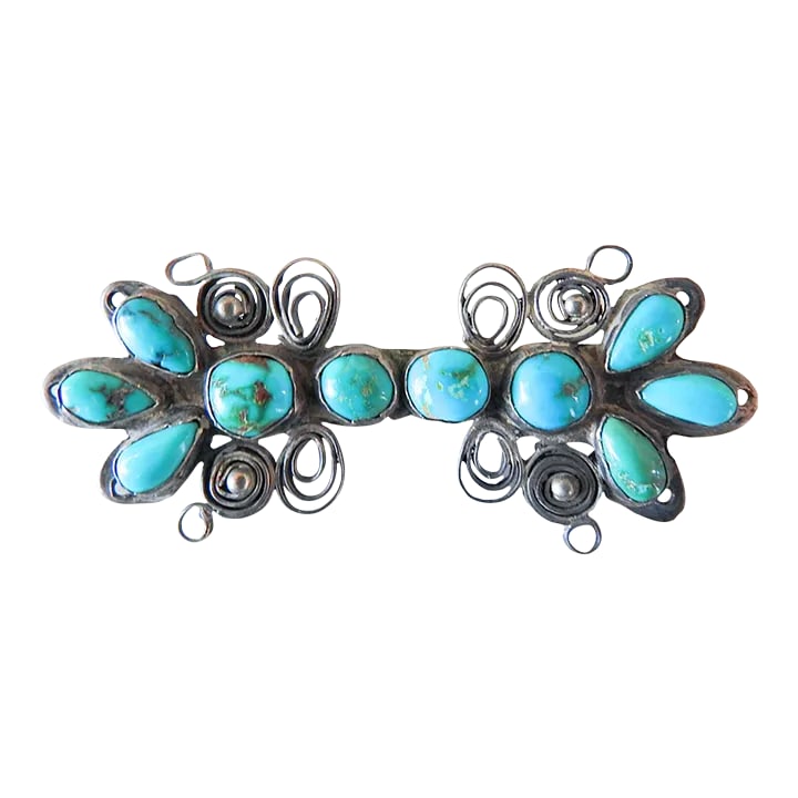Vintage Silver & Turquoise Handmade Brooch: Vintage circa 1960's artist handmade silver and turquoise brooch. Filigree design using silver strips quillwork, bezel set hand formed turquoise cabochons. Unmarked, handmade pin and hook finding on