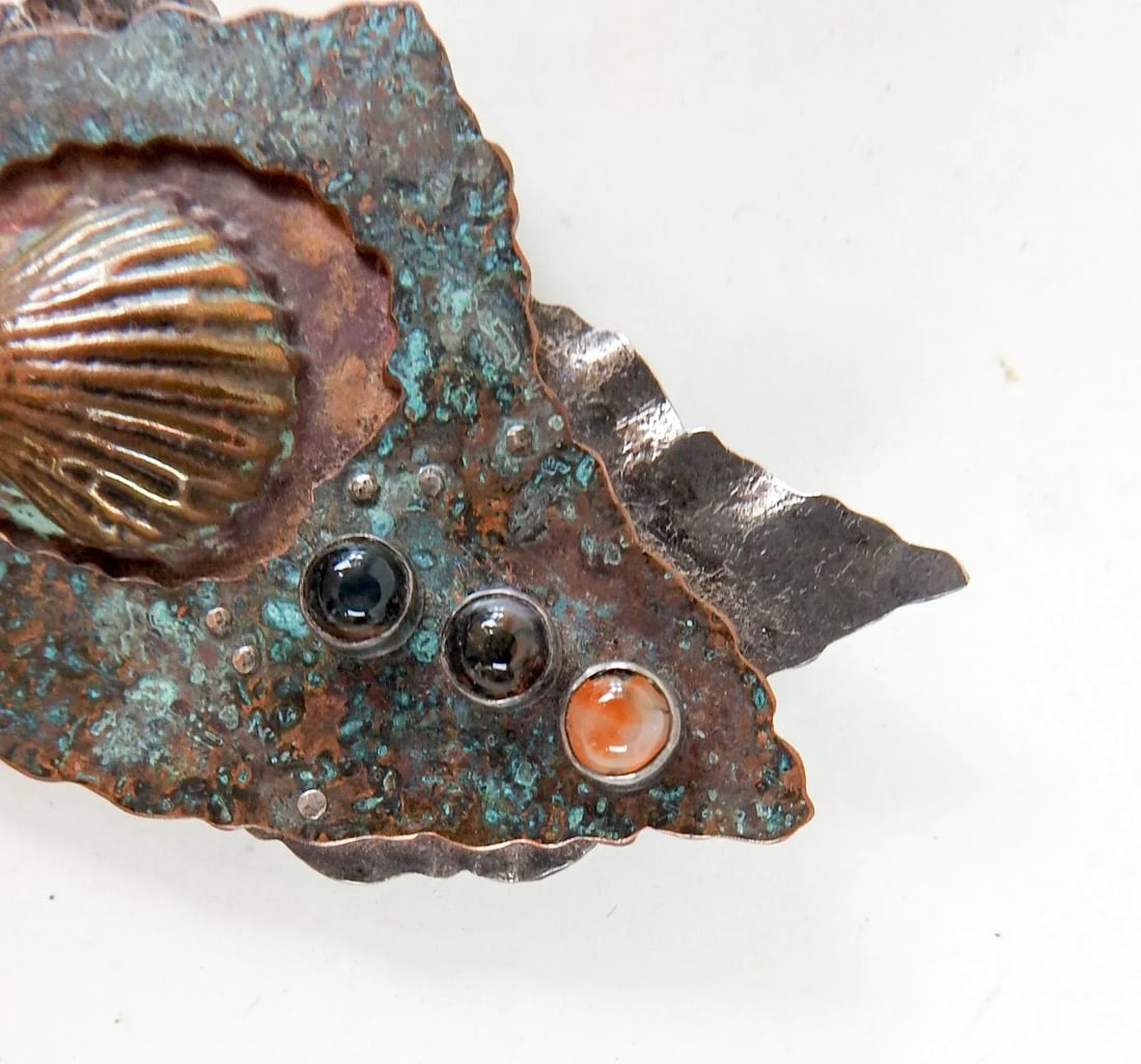 Vintage 1990's Large Sterling Silver Copper Shell Artist Studio Sculptural Brooch - 2