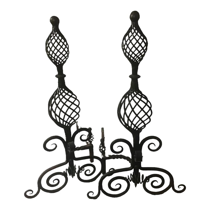 19thc Monumental Size Hand-Forged Spanish Colonial Wrought Iron Pair Andirons (1 of 12)