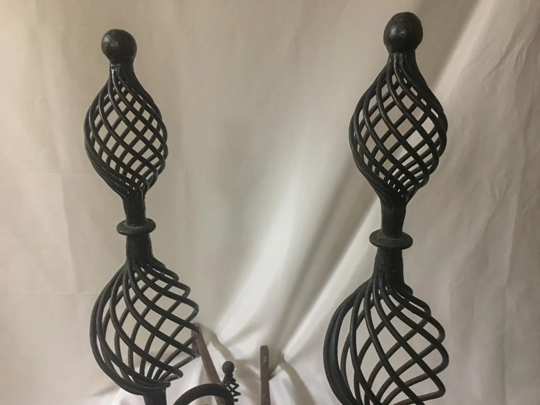 19thc Monumental Size Hand-Forged Spanish Colonial Wrought Iron Pair Andirons - 3